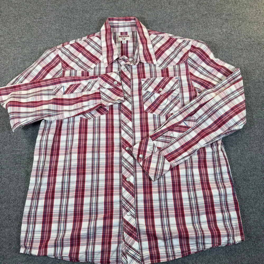 True Religion Mens XL Red Blue Plaid Western Pearl Snap Long Sleeve Shirt #2949